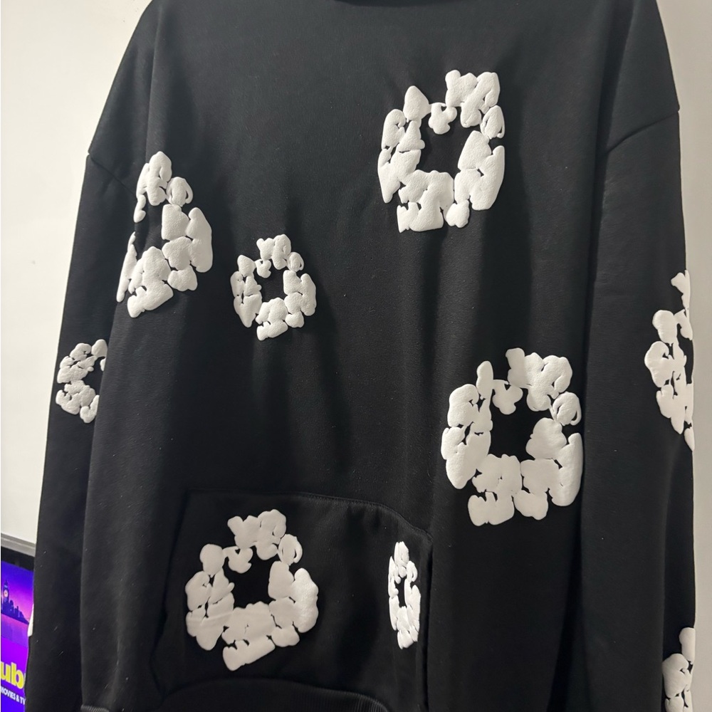 Black Sweatshirt with White Floral Puff Prints